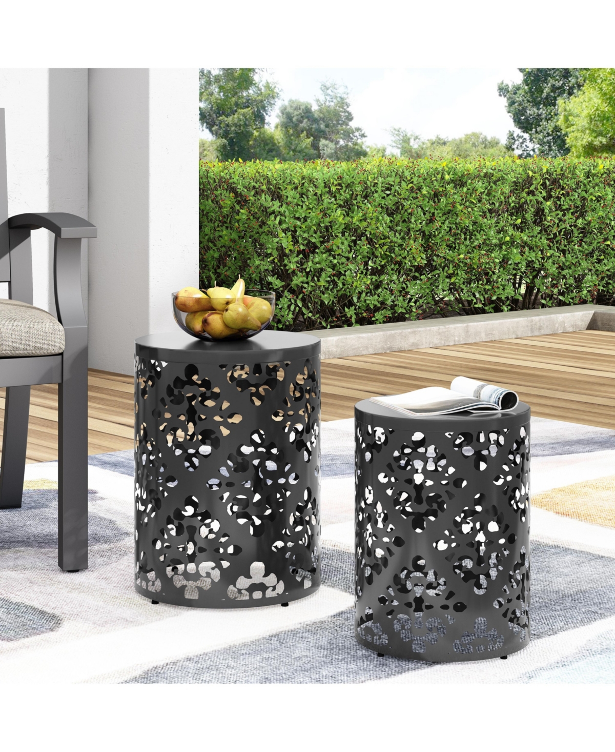 Elegant Iron Cut Side Table Set with Cylindrical Structure