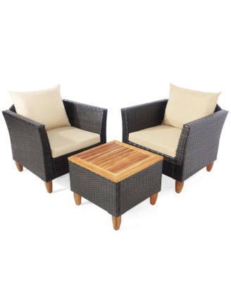 3PCS Patio Furniture Set Conversation Bistro Set w/ Acacia Wood & Cushions Beige