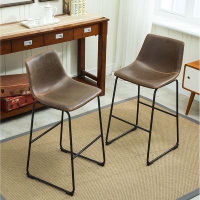 Vintage PU Leather Barstools, Set of 2, Antique Brown