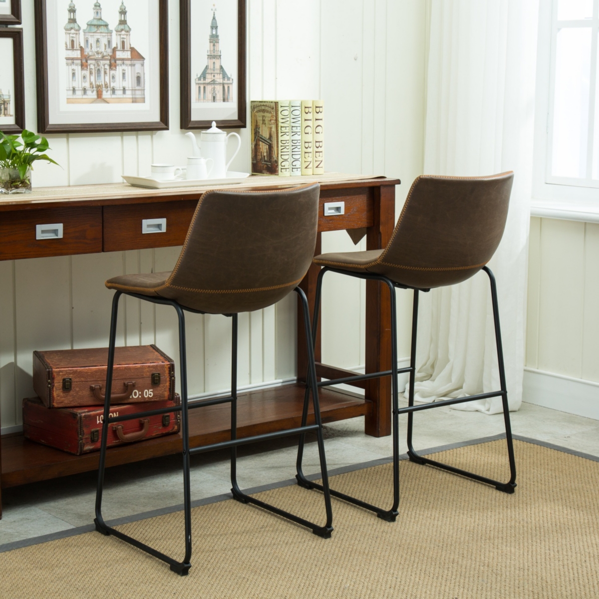 Streamdale Furniture Vintage Pu Leather Barstools, Set of 2, Antique Brown