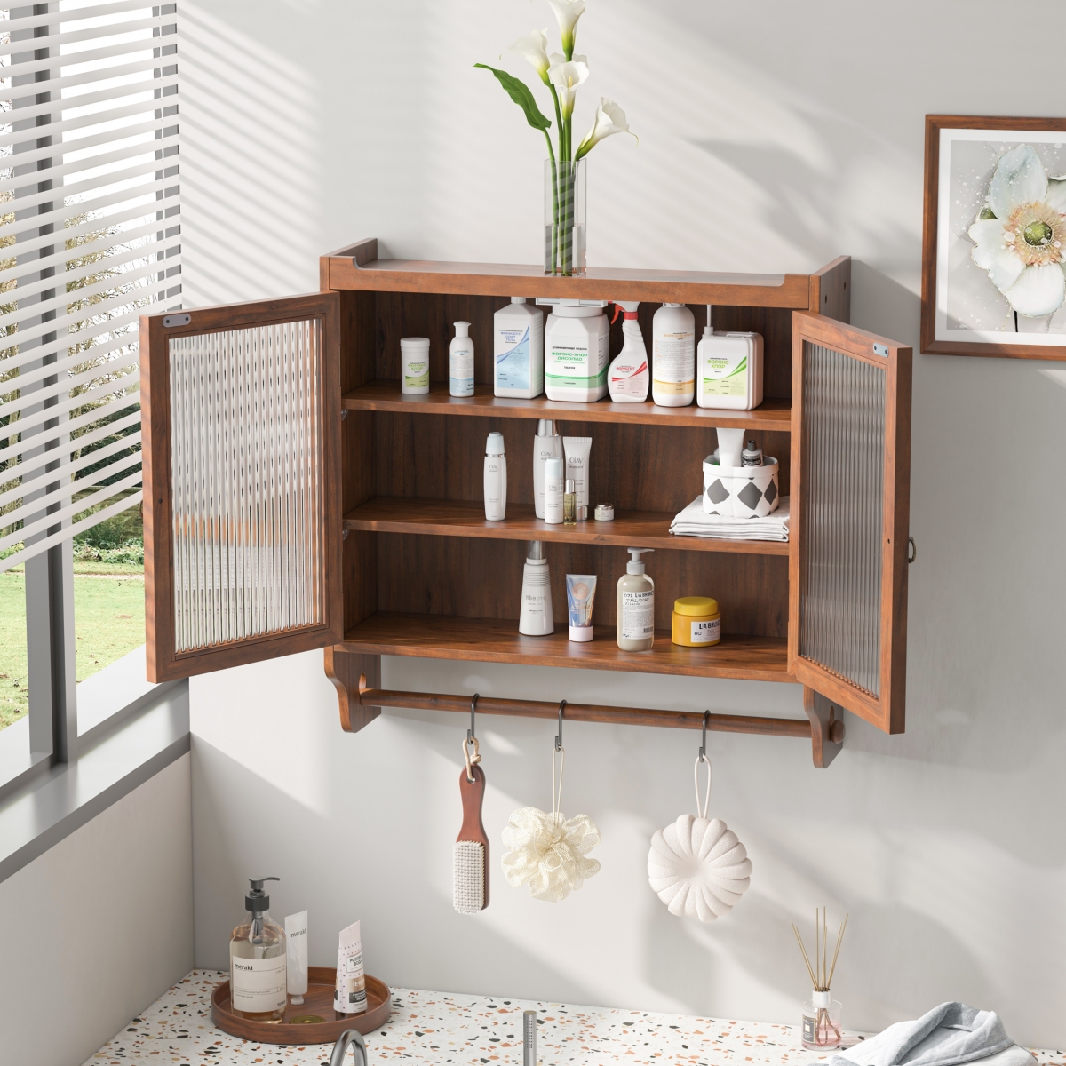Streamdale Vintage Brown Wall Cabinet with Fluted Glass Doors | Assembly Required