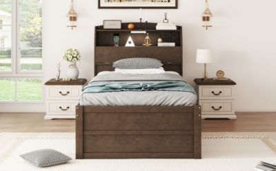 Twin Wooden LED Platform Bed with Storage & Trundle