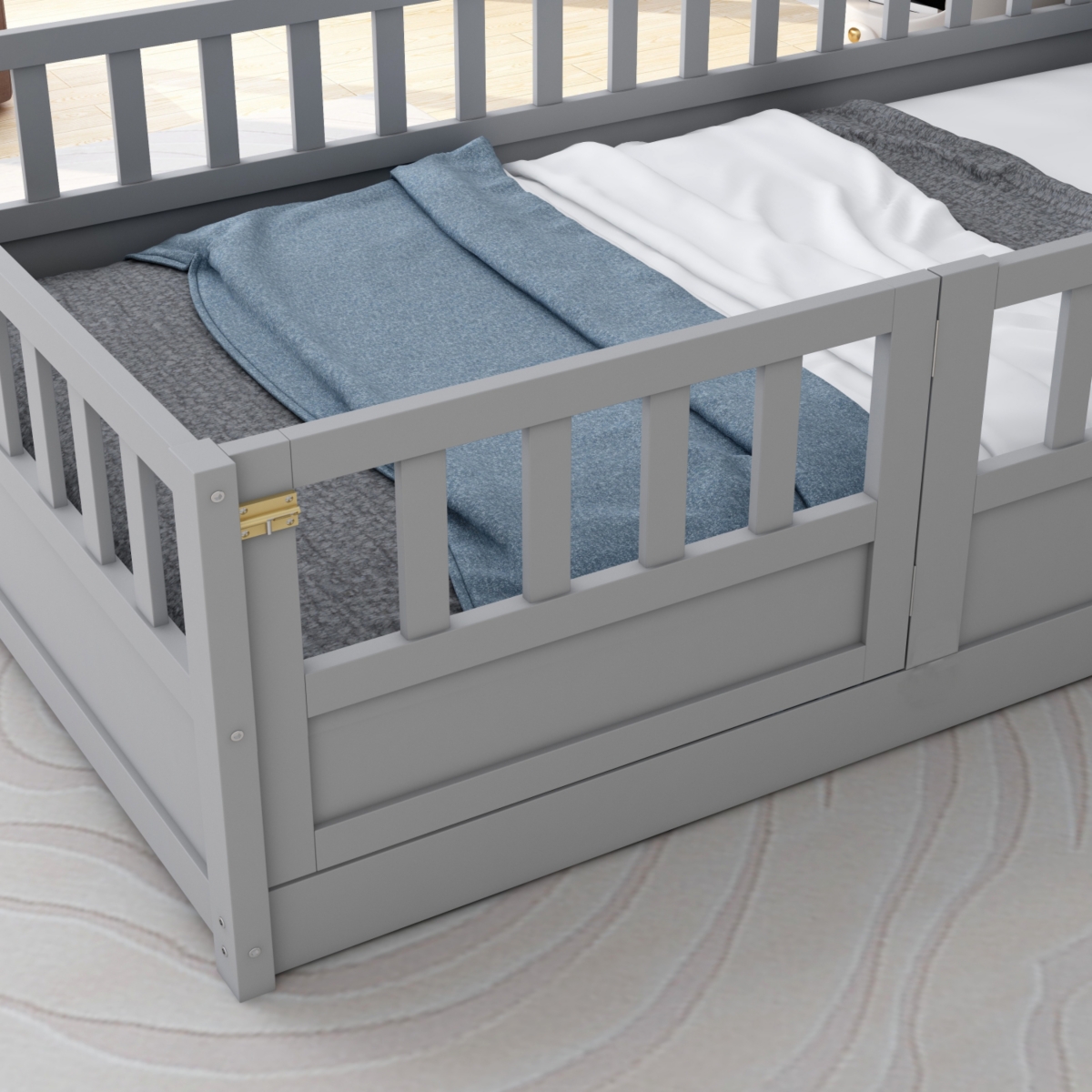 Streamdale Twin Floor Bed with Barrier and Door, Montessori Wooden Frame in Grey