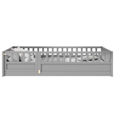 Streamdale Twin Floor Bed with Barrier and Door, Montessori Wooden Frame in Grey