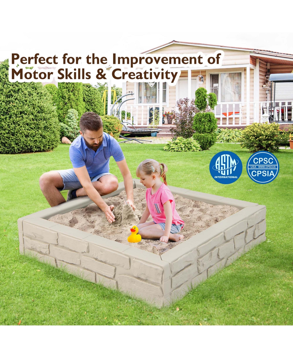 Costway Kids Sandbox with Cover Bottom Liner Backyard Beach Hdpe Sandpit for Outdoor Play