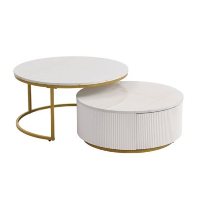 Streamdale Nesting Coffee Table – 2 Pc, MDF & Metal, Fluted Base, Drawer Storage, Round Modern Design for Living Room