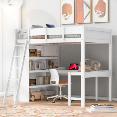 Full Size Loft Bed with Desk and Shelf