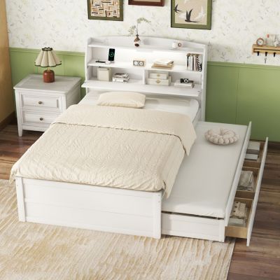 Streamdale Full-Size LED Bed with Trundle and Storage Headboard