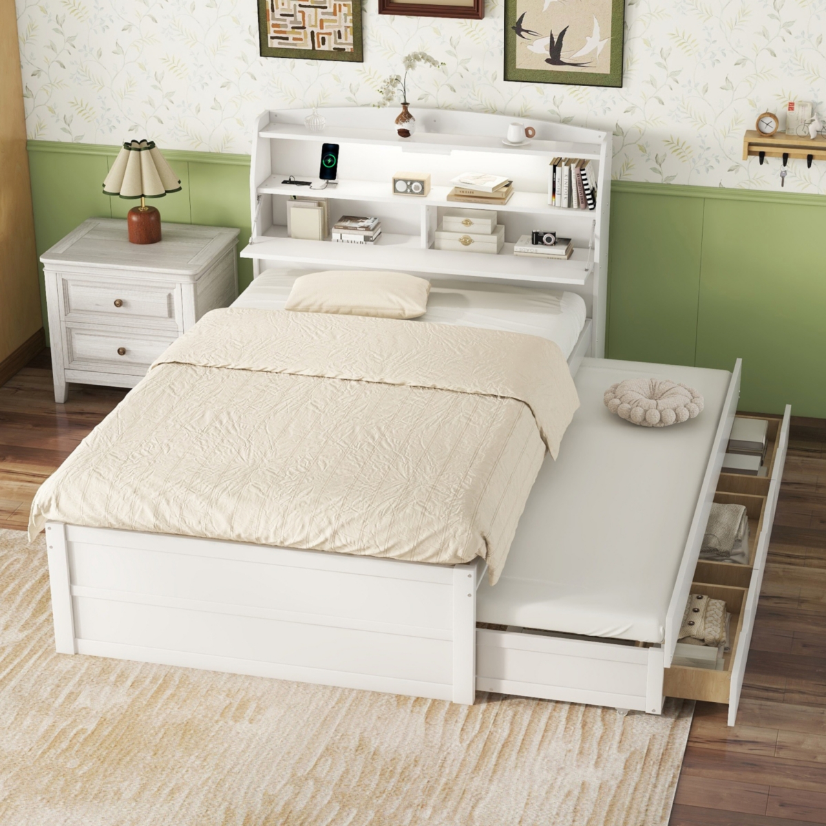 Streamdale Full-Size Led Bed with Trundle and Storage Headboard