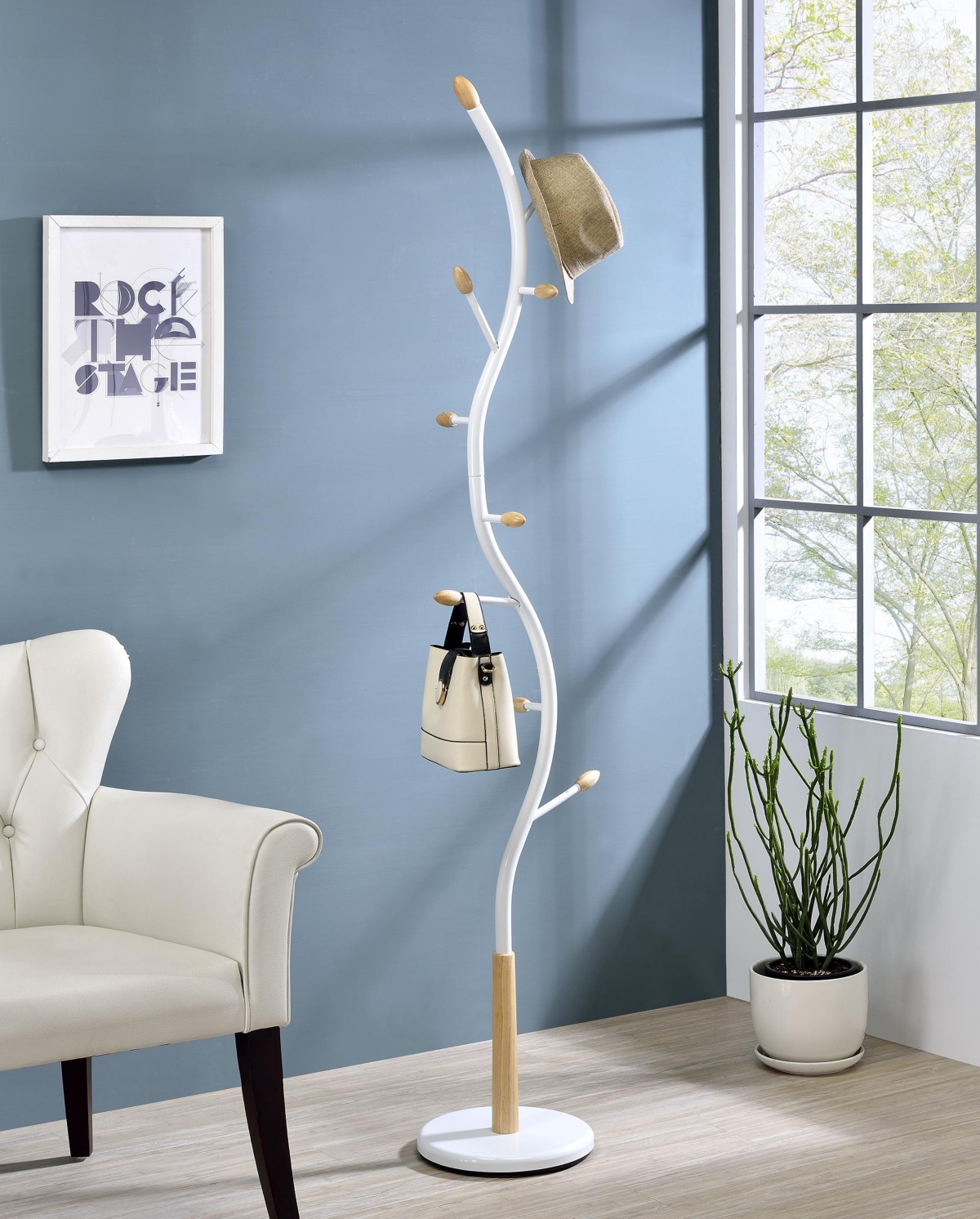 Arles Metal Whtie and Oak Standing Coat Rack - White