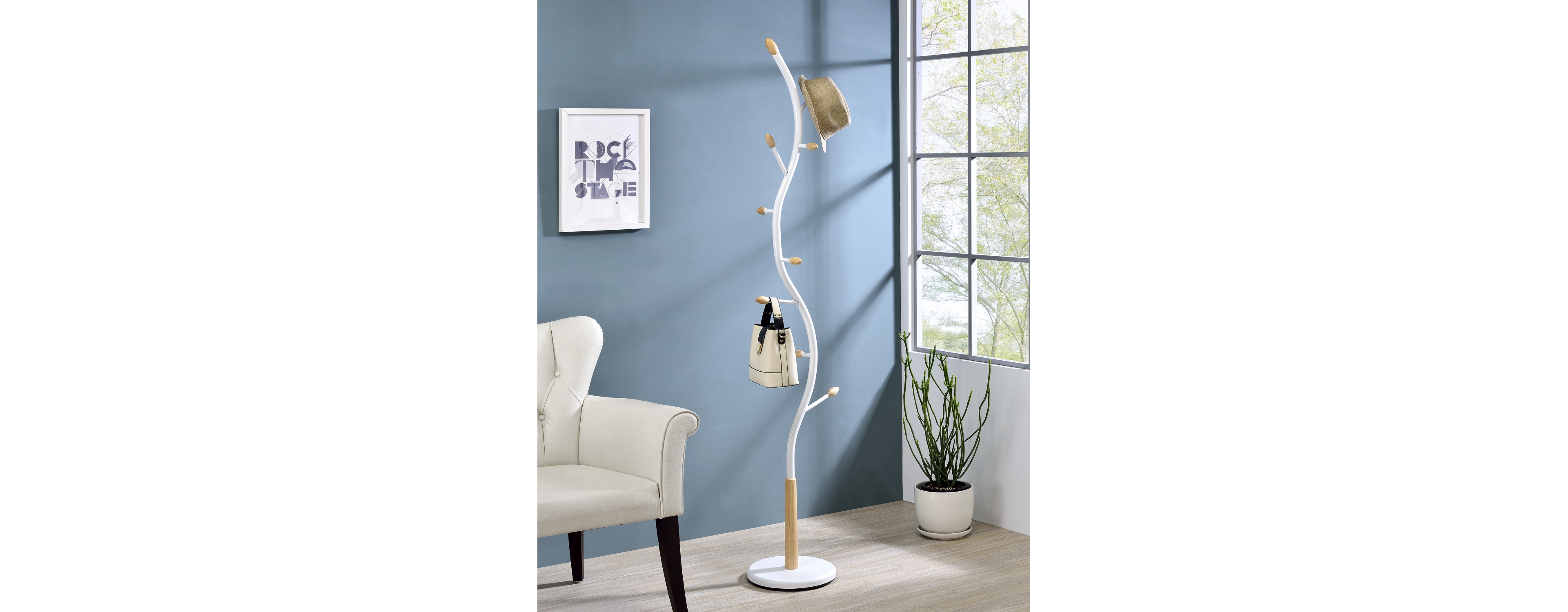 Streamdale Furniture Arles Metal Whtie and Oak Standing Coat Rack