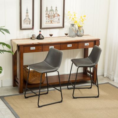 Vintage PU Leather Counter Height Stools, Set of 2, Antique Grey