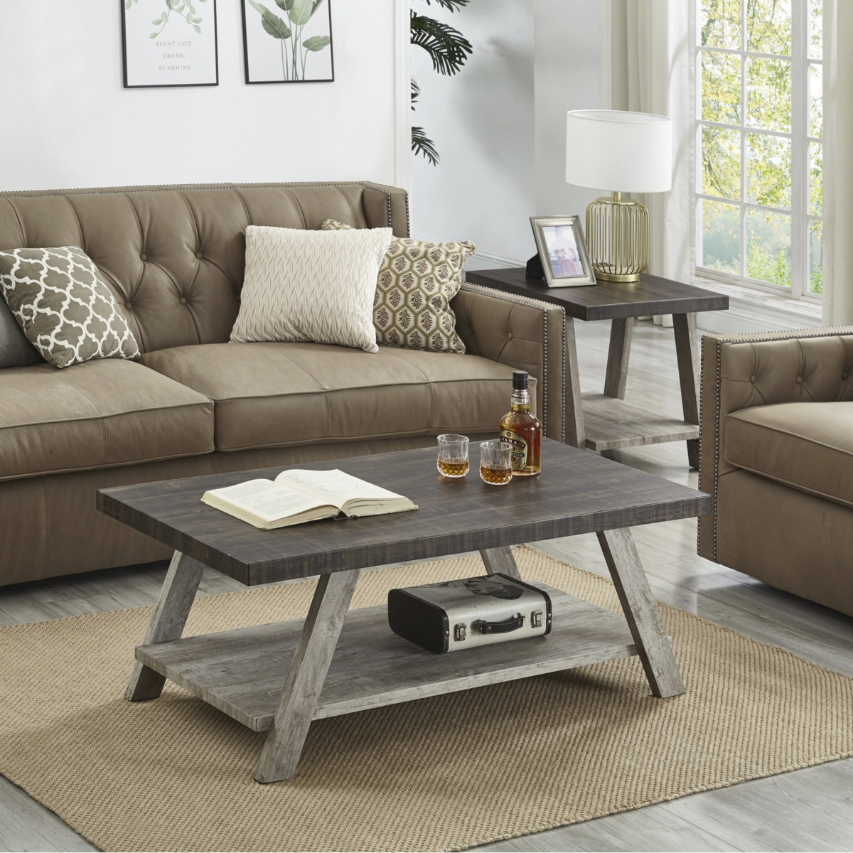 Streamdale Furniture Contemporary 3-Piece Wood Shelf Coffee Table Set in Weathered Walnut and Gray