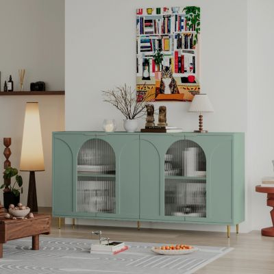 Mint Green Accent Cabinet 4 Glass Doors, Adjustable Storage