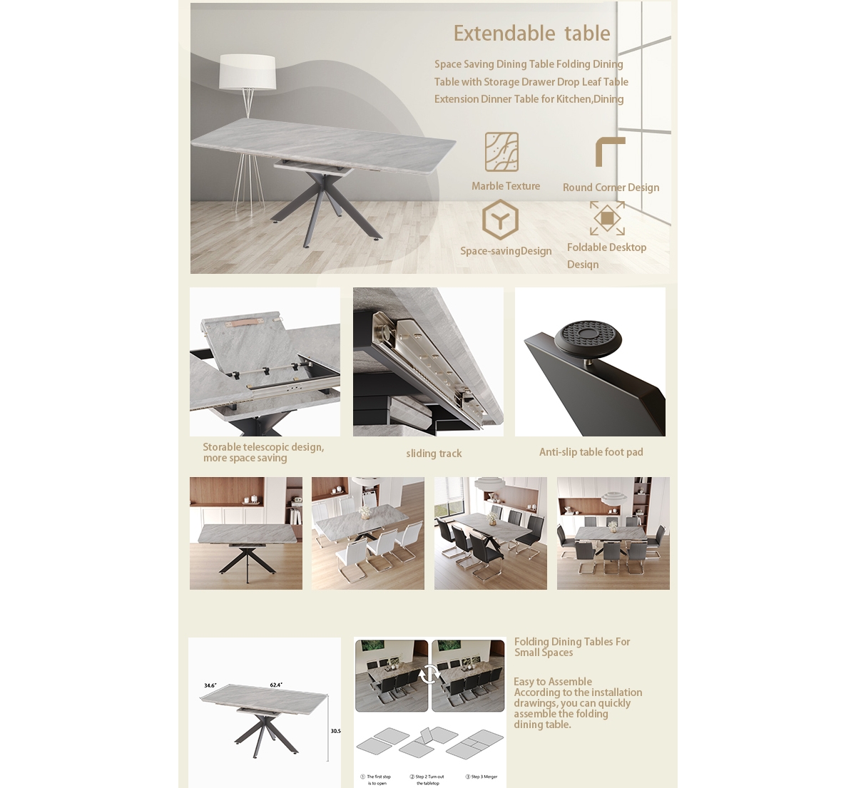 Streamdale Furniture Modern Space-Saving Dining Table Extends for 8-10 Guests - Grey+black