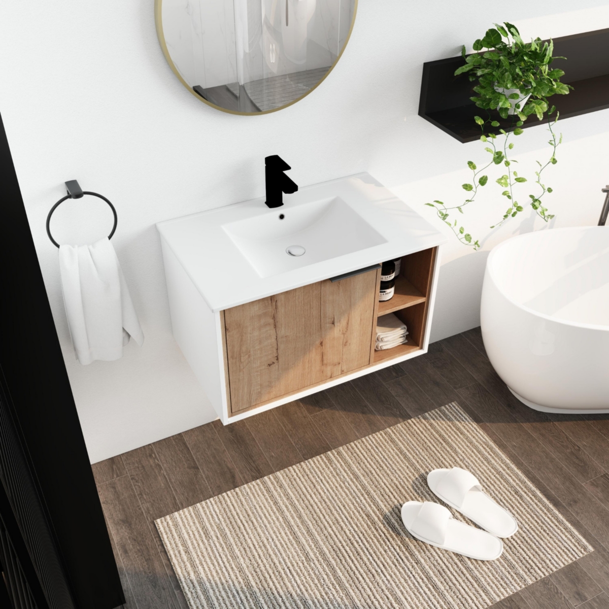Modern Wall-Mounted Vanity with Soft-Close Door, Ceramic Sink, and Metal Handle