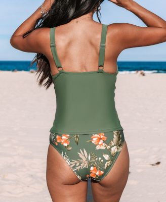 Women's Wrapped Tankini Top & Tropical Mid-Rise Bottoms Set