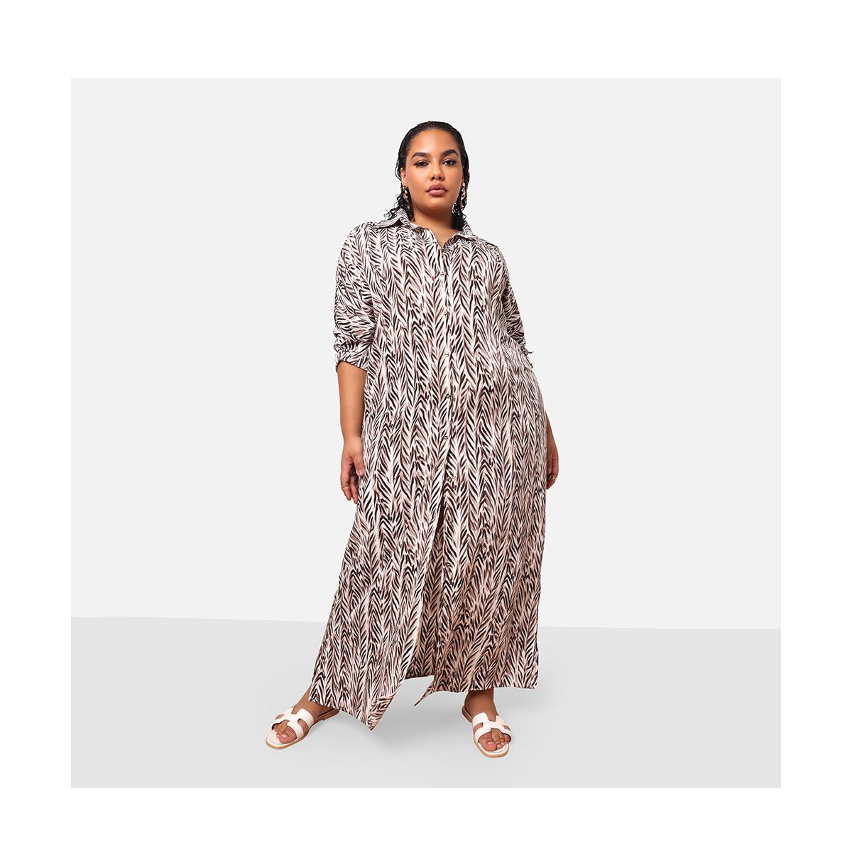 Plus Size Isha Bamboo Print Button Front Maxi Shirt Dress - White