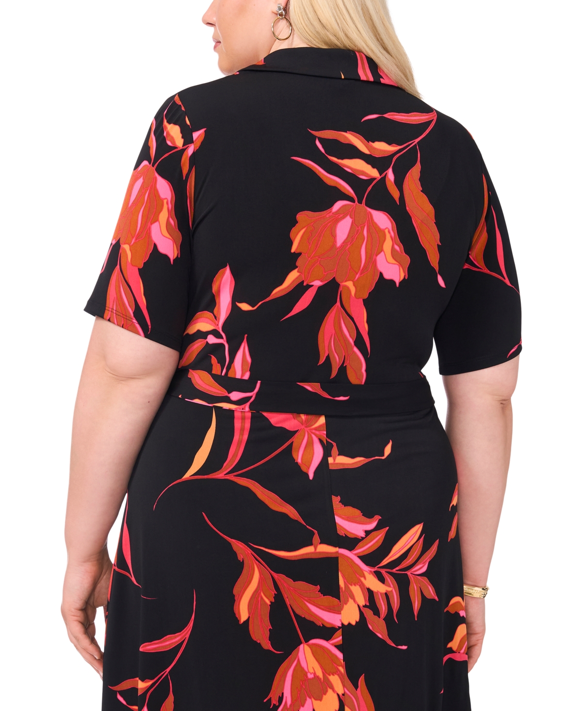 Msk Plus Size Printed Collared-v-Neck Fit & Flare Dress - Black 001