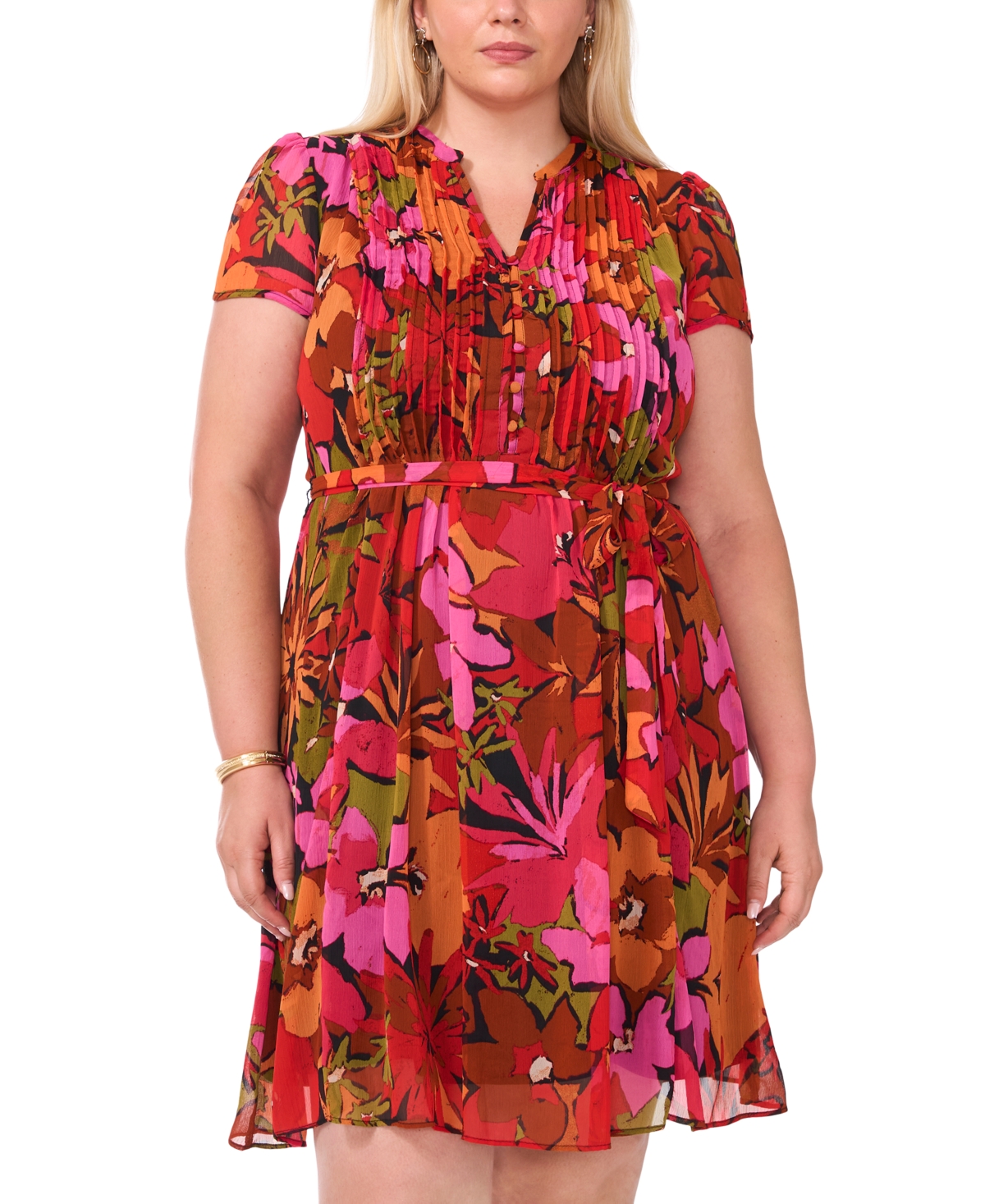 Msk Plus Size Printed Split-Neck Pintuck Cap-Sleeve Dress - Black 001