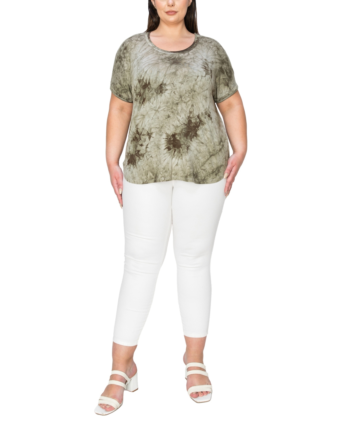 Coin 1804 Plus Size Tie Dye Short Sleeve Top -Khaki/Ivory