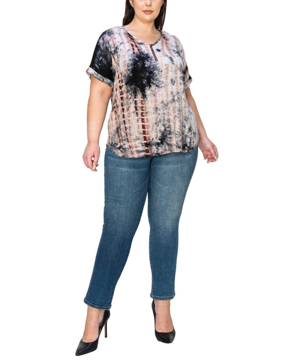 Coin 1804 Plus Size Tie Dye V-Neck Dolman Roll Sleeve Top -Rust