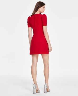 Juniors' Scoop-Neck Puff-Sleeve Embellished-Bow Dress