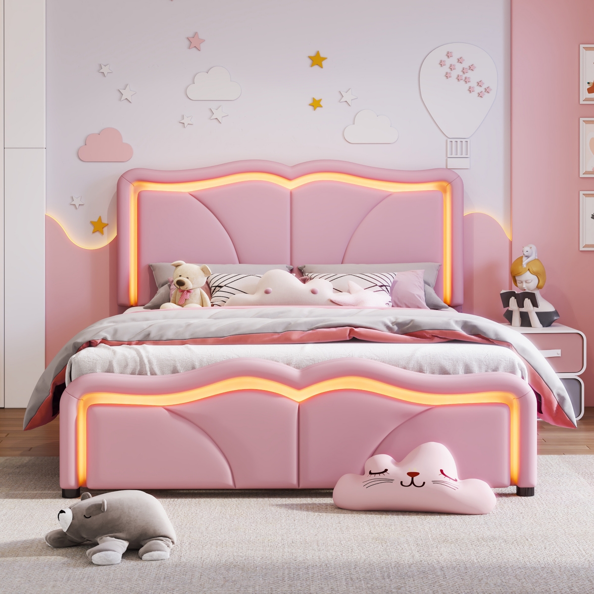 Streamdale Pink Platform Bed with Adjustable Headboard & Led Lights