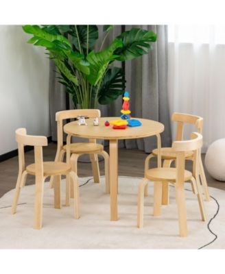 5-Piece Kids Wooden Curved Back Activity Table and Chair Set with Toy Bricks