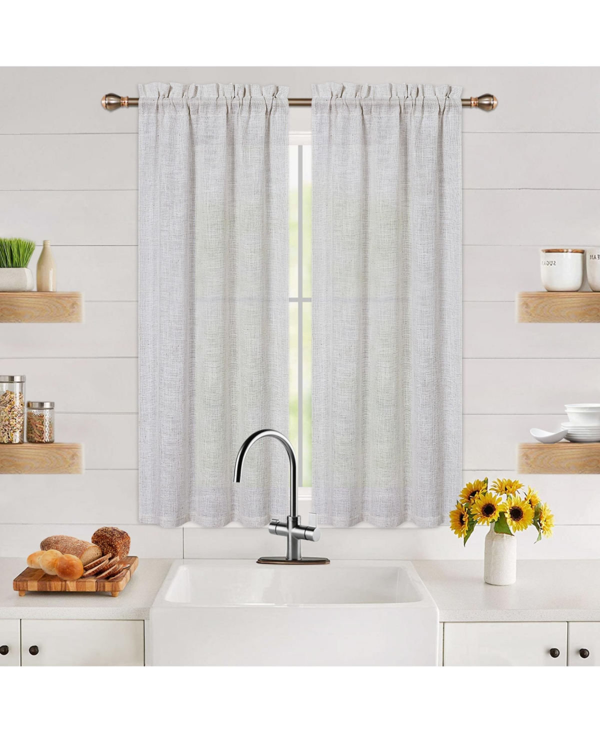 Linen Blend Kitchen Tier Window Curtain Pair, 52" x 45" - Natural
