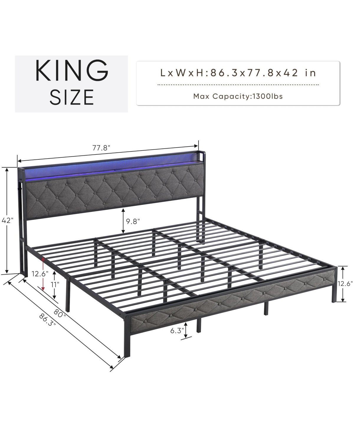 Mondawe King Bed Frame with Storage Headboard, Charging Station and Led Lights, Upholstered Platform Bed with Heavy Metal Slats