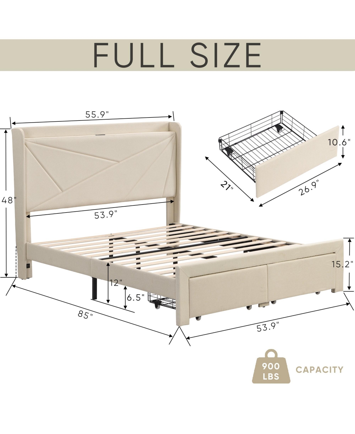 Mondawe Full Frame with 2 Storage Drawers, Upholstered Frame with Wingback Headboard Storage Shelf Built-in Usb Charging Stations