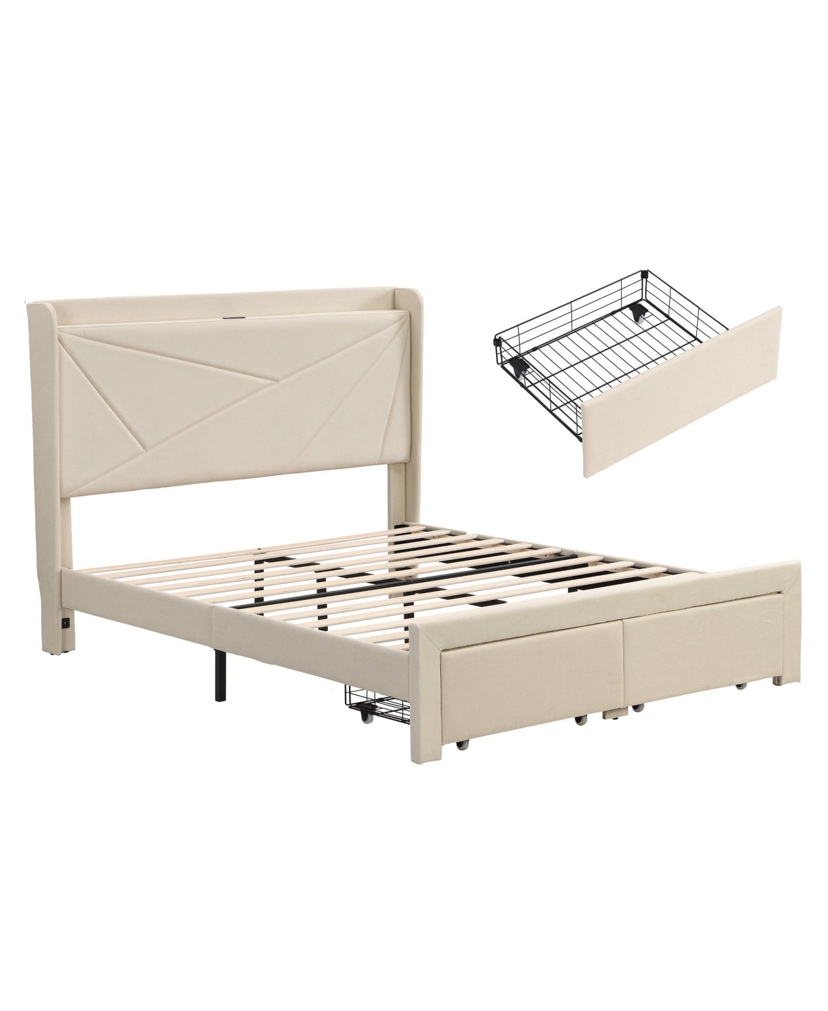 Mondawe Full Frame with 2 Storage Drawers, Upholstered Frame with Wingback Headboard Storage Shelf Built-in Usb Charging Stations