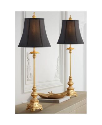 Traditional Buffet Table Lamps 36.5" Tall Set of 2 Gold Intricate Details Black Fabric Bell Shade for Dining Room