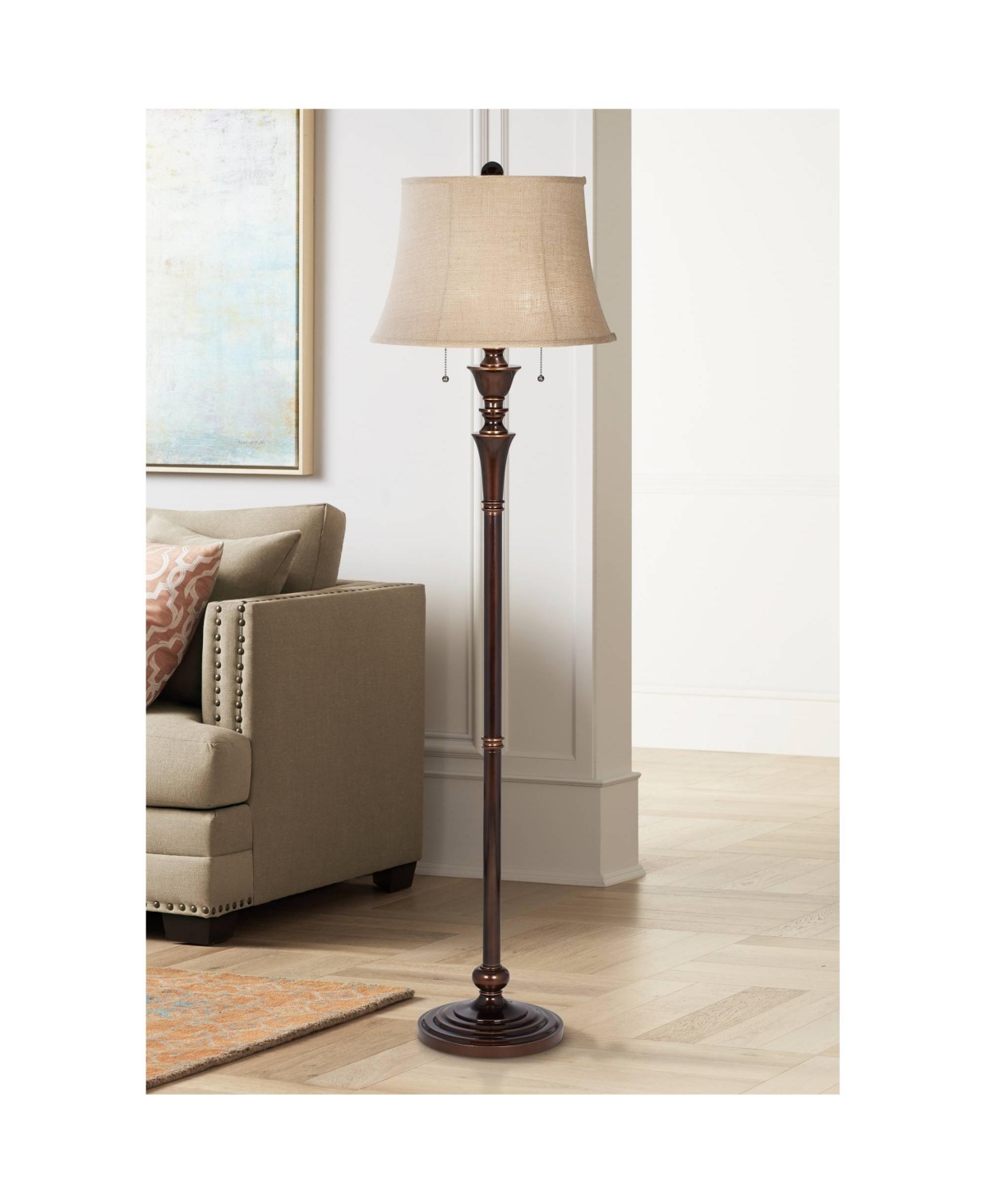 Regency Hill Brooke Traditional Standing Floor Lamp Tall Rich Bronze Copper Accents Metal ColumnBurlap Modified Bell Shade for Living Room
