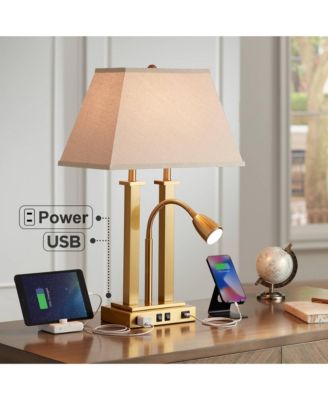 Deacon Modern Desk Table Lamp 26" High Brass with USB and AC Power Outlet in Base LED Reading Light Oatmeal Shade for Office Desk