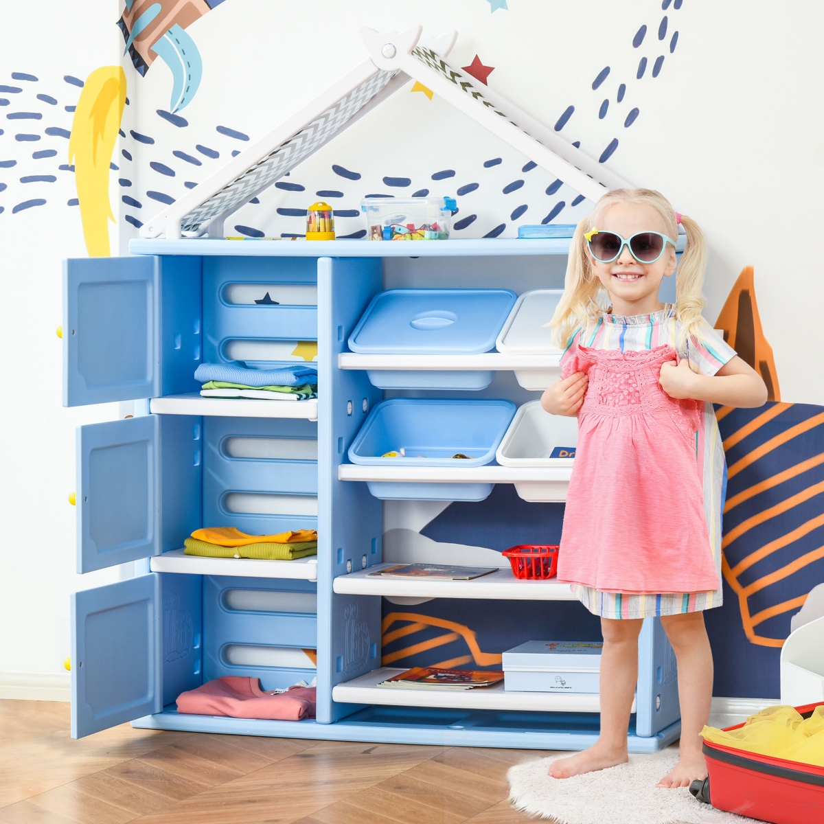 Qaba Multi-Style Shelf Organizer for Kids Bedroom, Toy Storage, and More - Blue and White