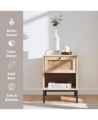 1 Pc Wood Rattan Nightstand, 1-Drawer with Open Shelf