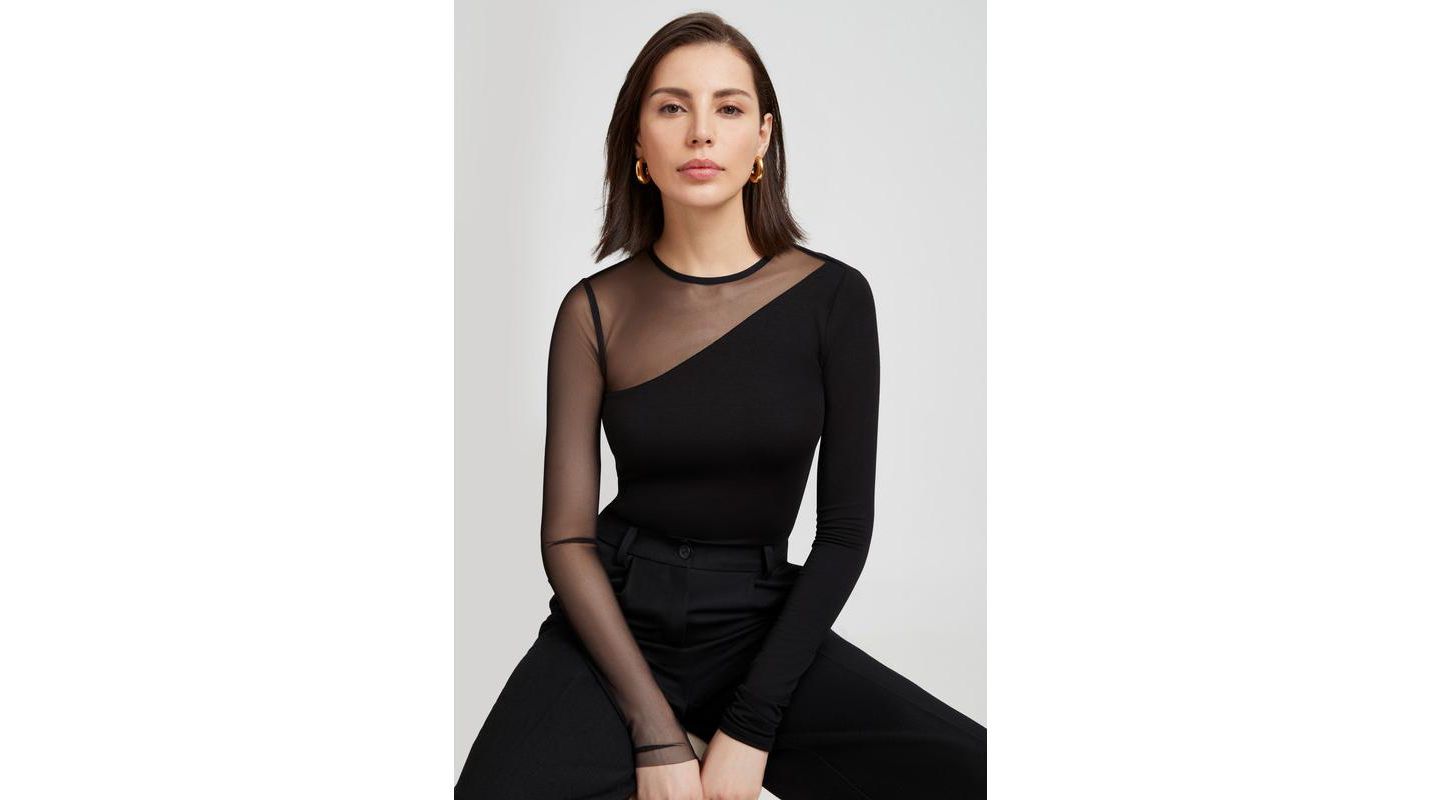 Женский топ Marcella Milo Asymmetric Sheer Mesh-Sleeve Jersey Top, цвет: Чёрный — фото 1