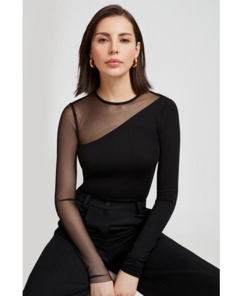 Женский топ Marcella Milo Asymmetric Sheer Mesh-Sleeve Jersey Top, цвет: Чёрный