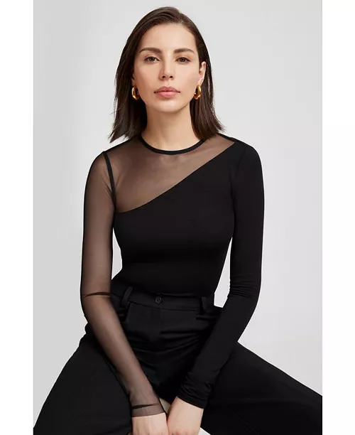 Marcella Women's Milo Asymmetric Sheer Mesh-Sleeve Jersey Top