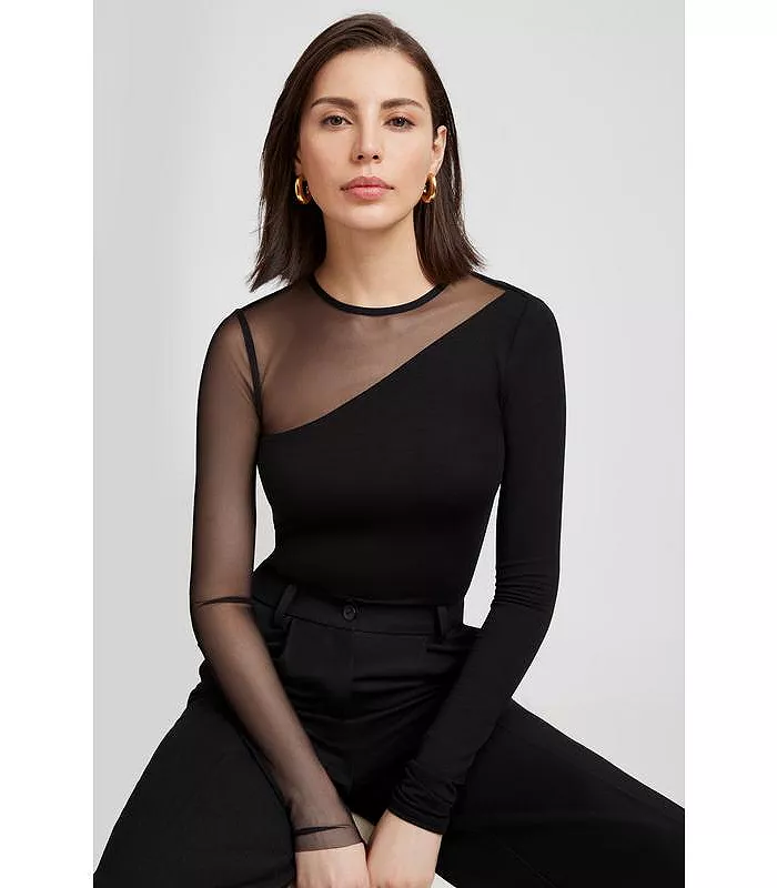 Women's Milo Asymmetric Sheer Mesh-Sleeve Jersey Top