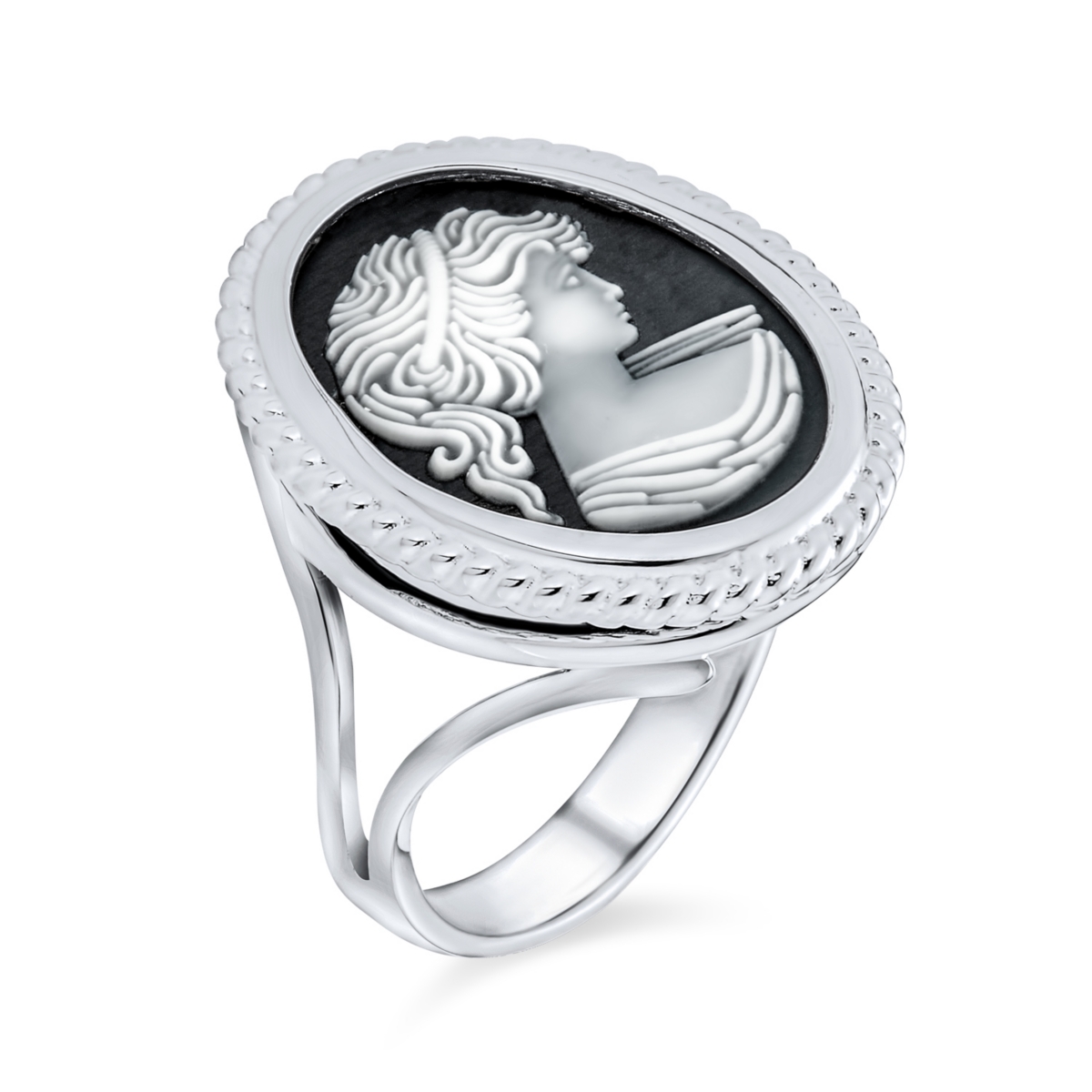 Bling Jewelry Classic Antique Victorian Style Women Portrait Black White Oval Carved Cameo Ring For Women Sterling Silver