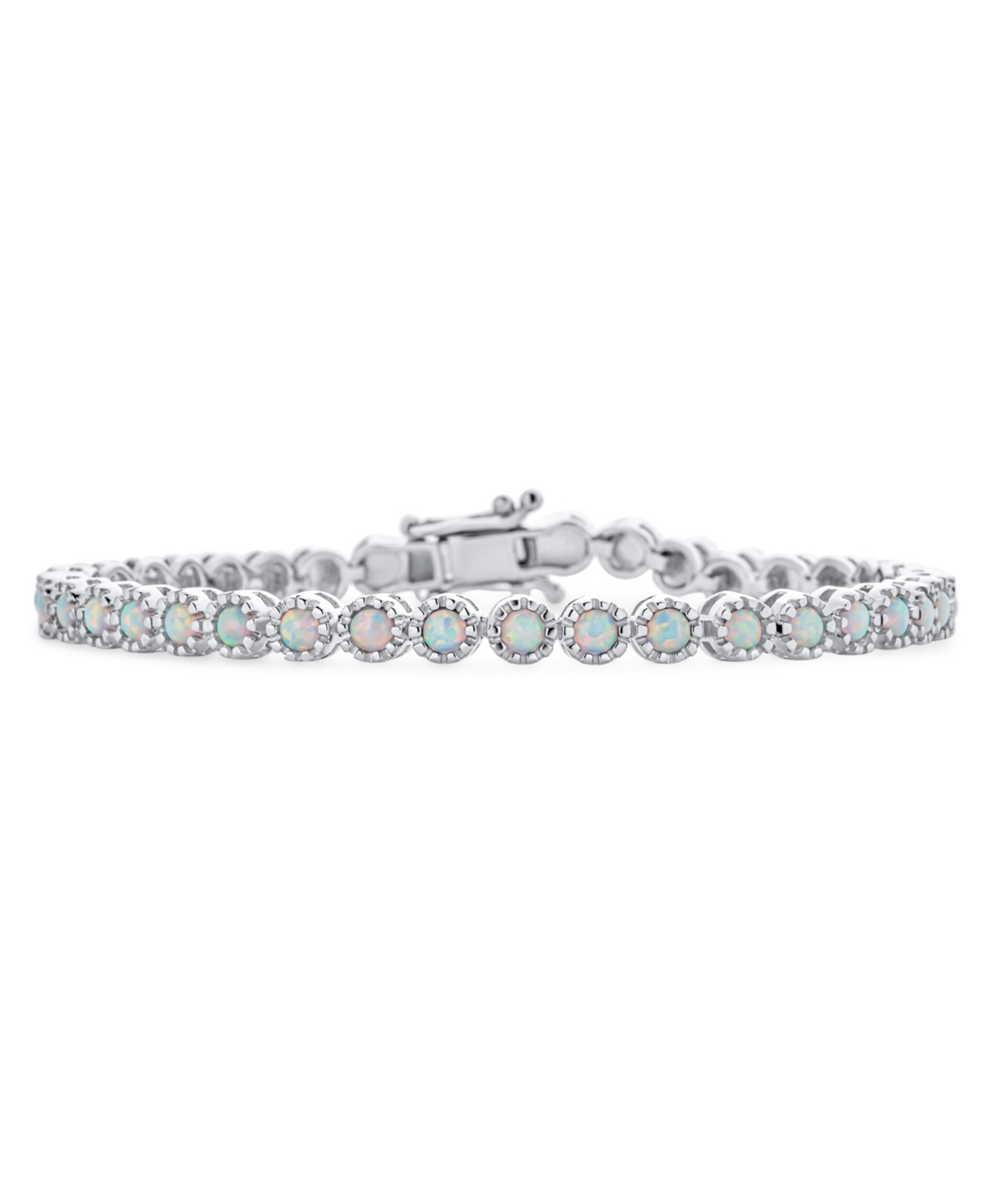 Bling Jewelry Dainty Round 37 In Milgrain Edge Setting Iridescent White Synthetic Opal Tennis Bracelet Rhodium Plated Sterling Silver 7"