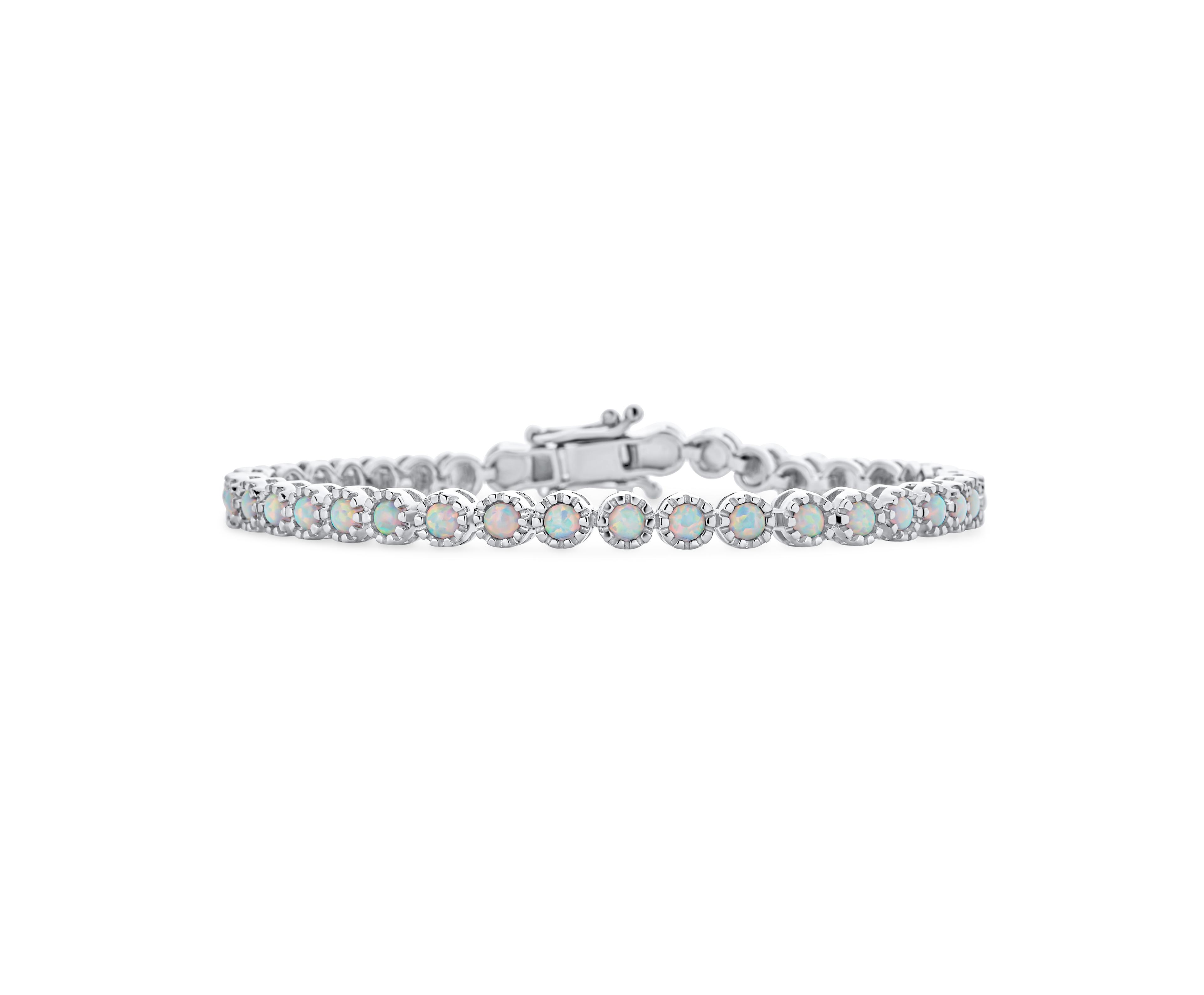 Bling Jewelry Dainty Round 37 In Milgrain Edge Setting Iridescent White Synthetic Opal Tennis Bracelet Rhodium Plated Sterling Silver 7"