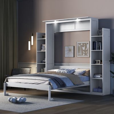 Streamdale Queen Size Murphy Bed Wall Bed with Shelves and LED Lights, White