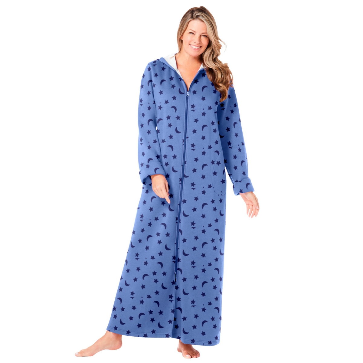 Plus Size Long Hooded Fleece Sweatshirt Robe - French blue star moon