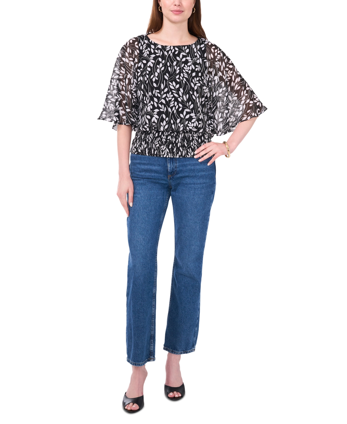 Sam & Jess Petite Printed Smocked Top -White