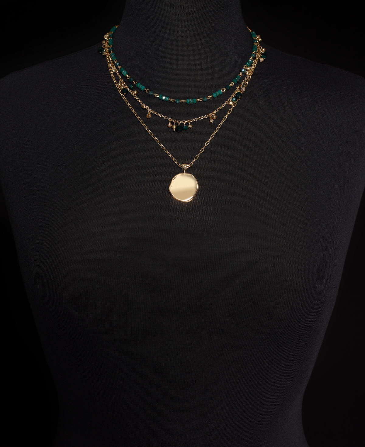 Style & Co Gold-Tone Bead,Dangle, & Hammered Pendant Layered Necklace, 17 + extender, Created for Macy's