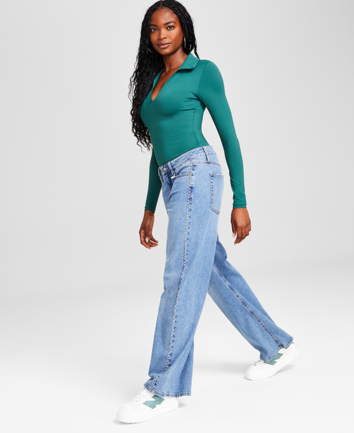 And Now This Women's Studded Wide-leg Mid-rise Jeans, Created For Macy's In Beau